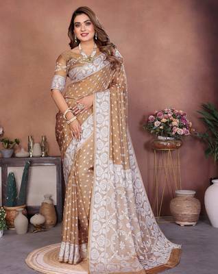 cream handmade bhandhej viscos silk blend saree with blouse 3