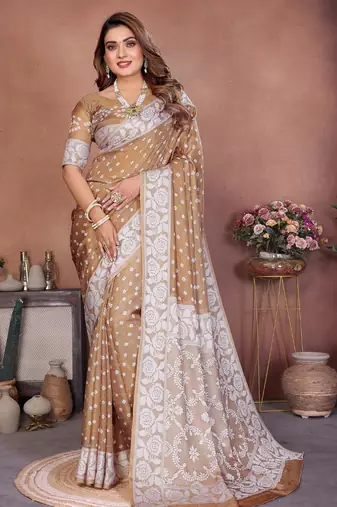 cream handmade bhandhej viscos silk blend saree with blouse