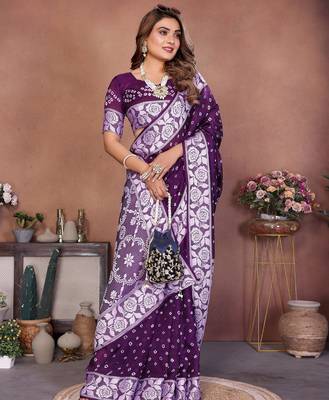 dark purple handmade bhandhej viscos silk blend saree with blouse 1