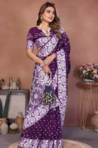 dark purple handmade bhandhej viscos silk blend saree with blouse