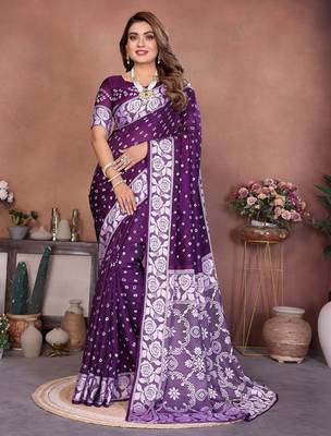 dark purple handmade bhandhej viscos silk blend saree with blouse 2