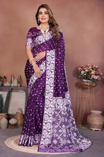 dark purple handmade bhandhej viscos silk blend saree with blouse