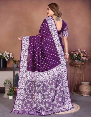 dark purple handmade bhandhej viscos silk blend saree with blouse 3