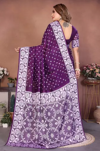 dark purple handmade bhandhej viscos silk blend saree with blouse