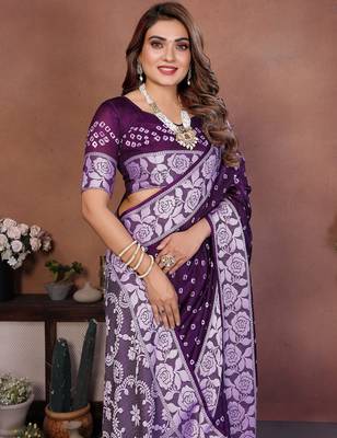 dark purple handmade bhandhej viscos silk blend saree with blouse 4