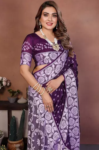 dark purple handmade bhandhej viscos silk blend saree with blouse
