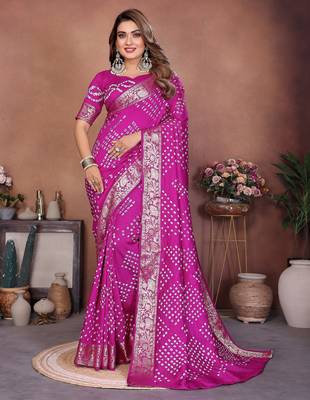 Pink handmade bhandhej viscos silk blend saree with blouse 1