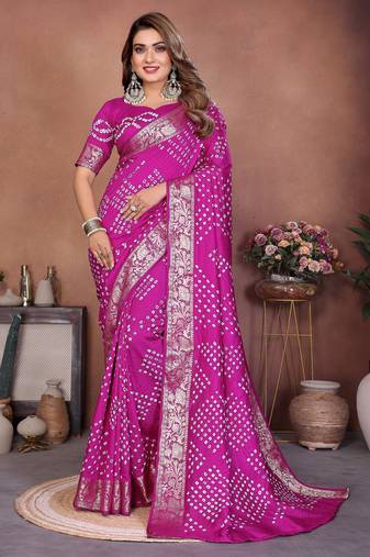 Pink handmade bhandhej viscos silk blend saree with blouse