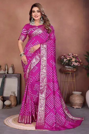 Pink handmade bhandhej viscos silk blend saree with blouse