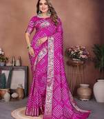 Pink handmade bhandhej viscos silk blend saree with blouse