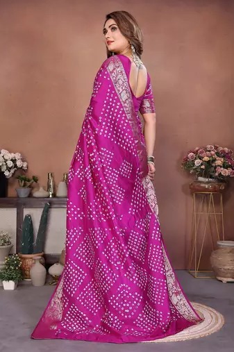 Pink handmade bhandhej viscos silk blend saree with blouse