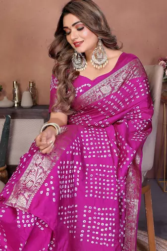 Pink handmade bhandhej viscos silk blend saree with blouse