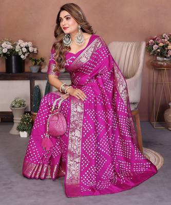 Pink handmade bhandhej viscos silk blend saree with blouse 4