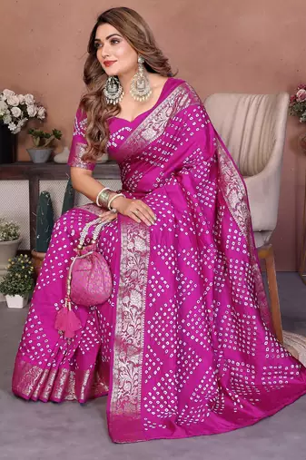 Pink handmade bhandhej viscos silk blend saree with blouse