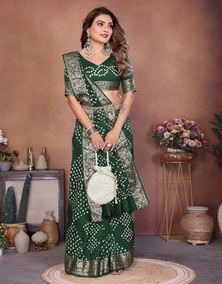 green handmade bhandhej viscos silk blend saree with blouse 1