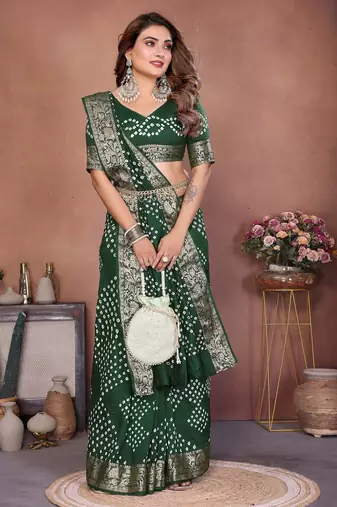 green handmade bhandhej viscos silk blend saree with blouse