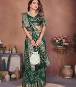green handmade bhandhej viscos silk blend saree with blouse