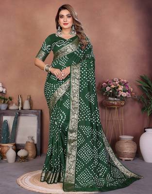 green handmade bhandhej viscos silk blend saree with blouse 2