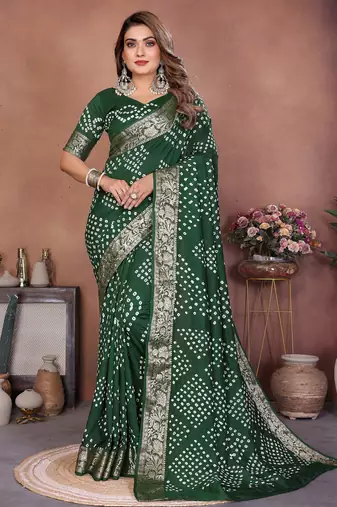 green handmade bhandhej viscos silk blend saree with blouse