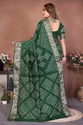 green handmade bhandhej viscos silk blend saree with blouse
