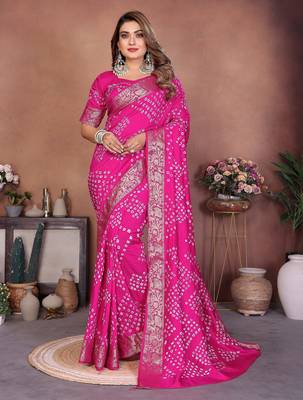 pink handmade bhandhej viscos silk blend saree with blouse 1