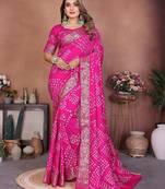 pink handmade bhandhej viscos silk blend saree with blouse