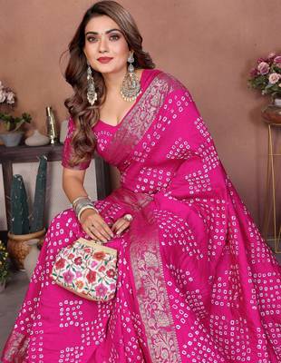 pink handmade bhandhej viscos silk blend saree with blouse 3