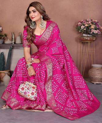 pink handmade bhandhej viscos silk blend saree with blouse 4