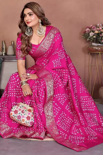 pink handmade bhandhej viscos silk blend saree with blouse