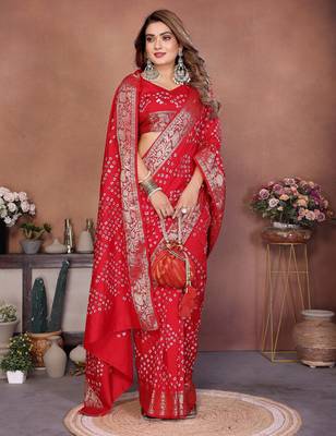 red handmade bhandhej viscos silk blend saree with blouse 1