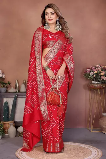 red handmade bhandhej viscos silk blend saree with blouse
