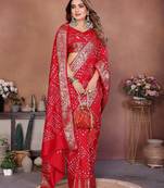 red handmade bhandhej viscos silk blend saree with blouse