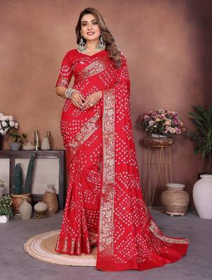 red handmade bhandhej viscos silk blend saree with blouse 3