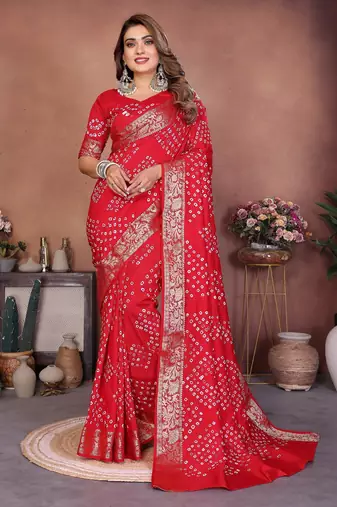 red handmade bhandhej viscos silk blend saree with blouse