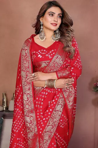 red handmade bhandhej viscos silk blend saree with blouse