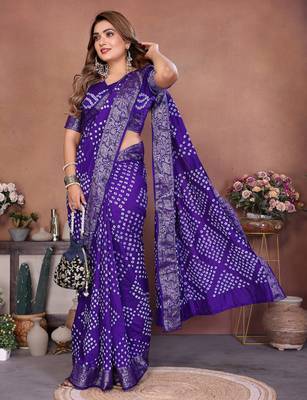 blue handmade bhandhej viscos silk blend saree with blouse 1
