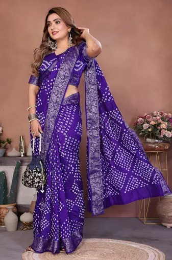 blue handmade bhandhej viscos silk blend saree with blouse