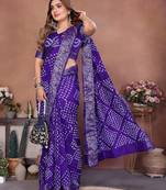 blue handmade bhandhej viscos silk blend saree with blouse