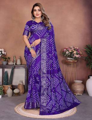 blue handmade bhandhej viscos silk blend saree with blouse 2