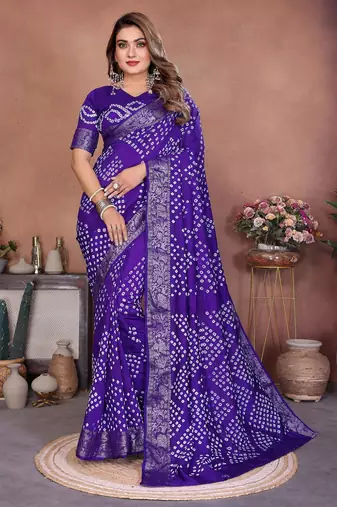 blue handmade bhandhej viscos silk blend saree with blouse