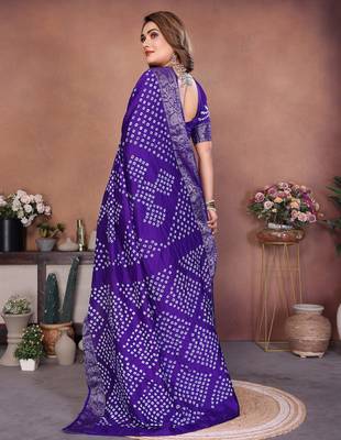blue handmade bhandhej viscos silk blend saree with blouse 3