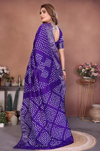 blue handmade bhandhej viscos silk blend saree with blouse