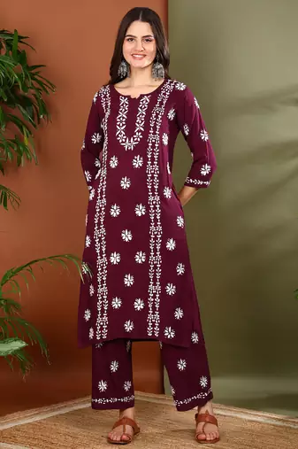 ethnic motif embroidered handcrafted lucknowi chikankari kurta & palazzo set for women