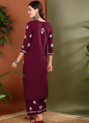 ethnic motif embroidered handcrafted lucknowi chikankari kurta & palazzo set for women 2