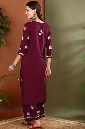 ethnic motif embroidered handcrafted lucknowi chikankari kurta & palazzo set for women