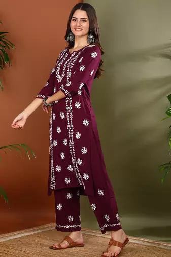 ethnic motif embroidered handcrafted lucknowi chikankari kurta & palazzo set for women