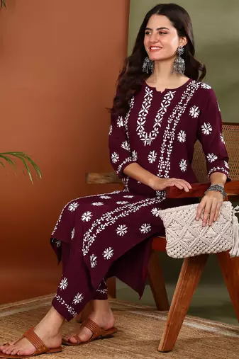 ethnic motif embroidered handcrafted lucknowi chikankari kurta & palazzo set for women