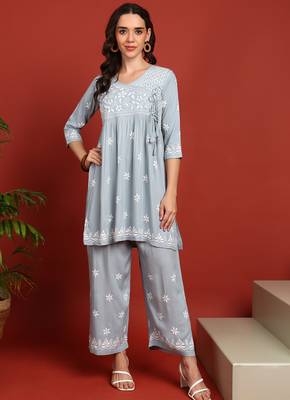 ethnic motif lucknowi chikankari greyish blue angrakha kurta & palazzo set for women 1