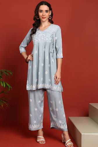 ethnic motif lucknowi chikankari greyish blue angrakha kurta & palazzo set for women
