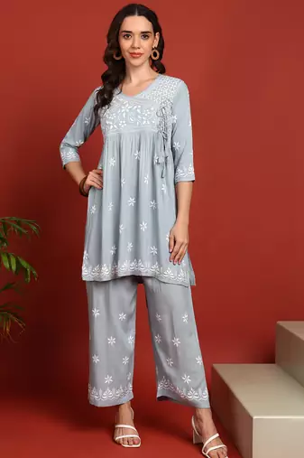 ethnic motif lucknowi chikankari greyish blue angrakha kurta & palazzo set for women
